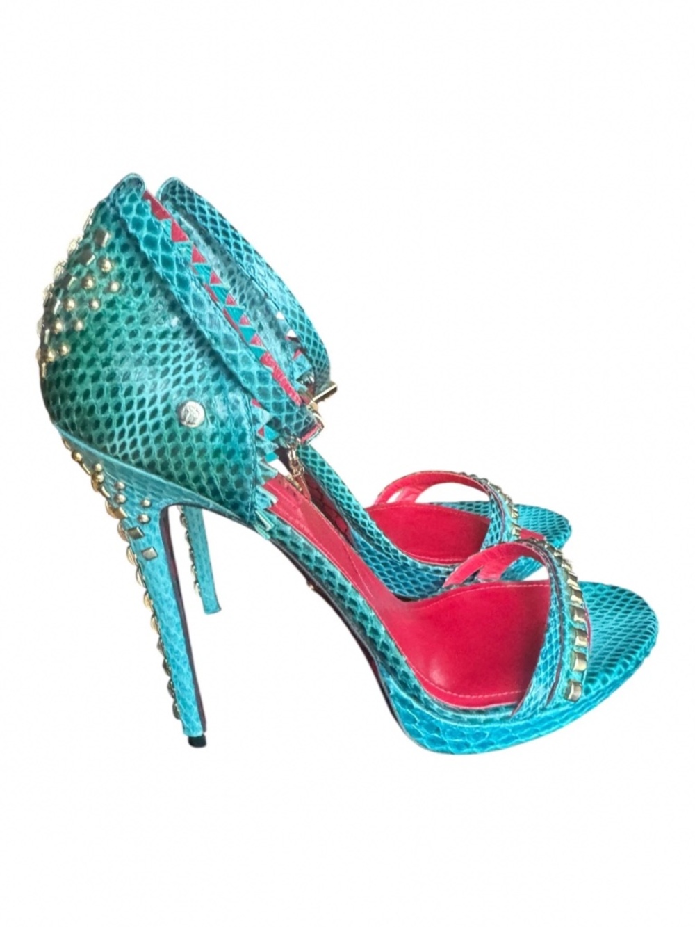 Cesare Paciotti Turquoise Snake Studded Platform Heels Ankle Strap dagger